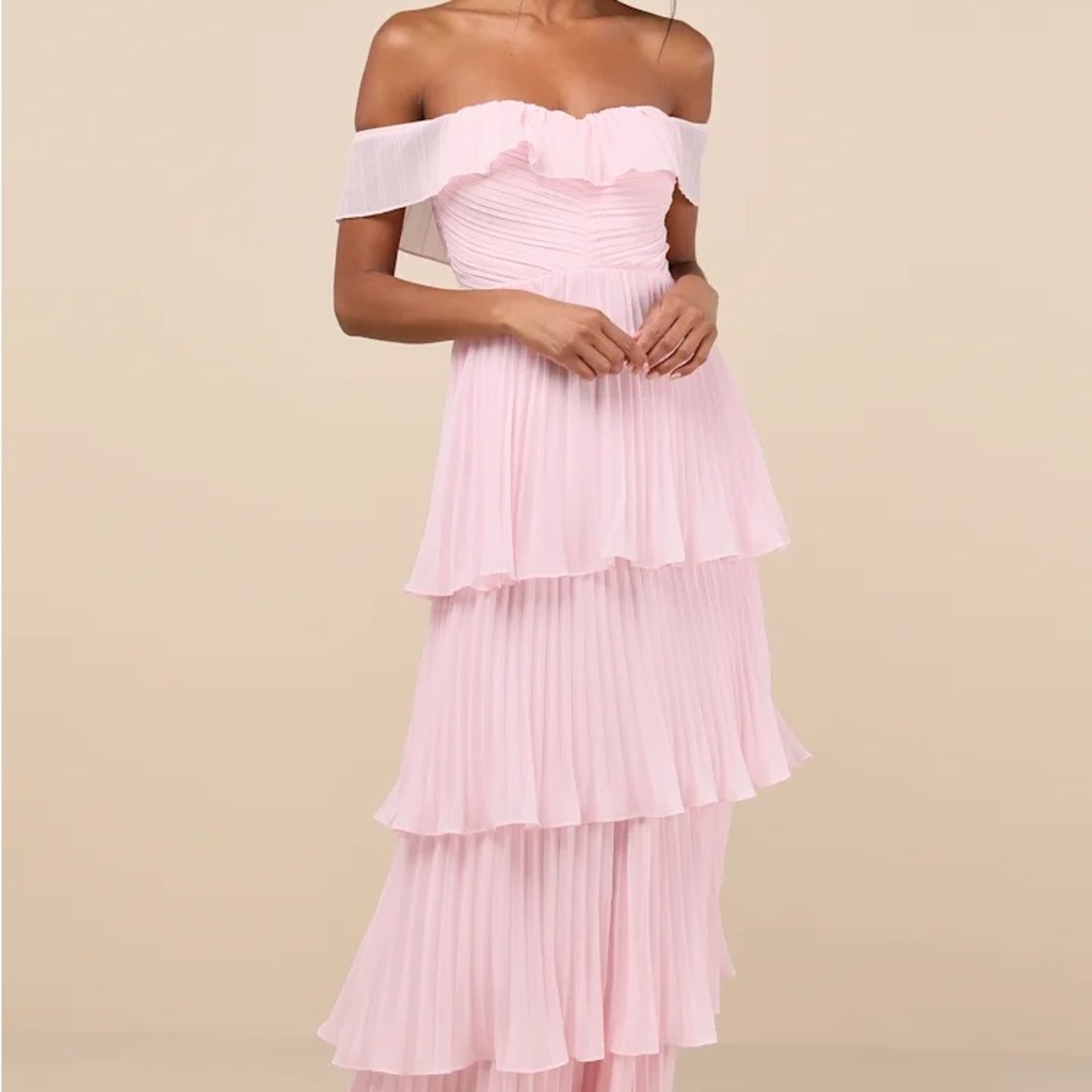 Lulu's Always Remarkable Pink Pleated Off-the-Shoulder Maxi Dress